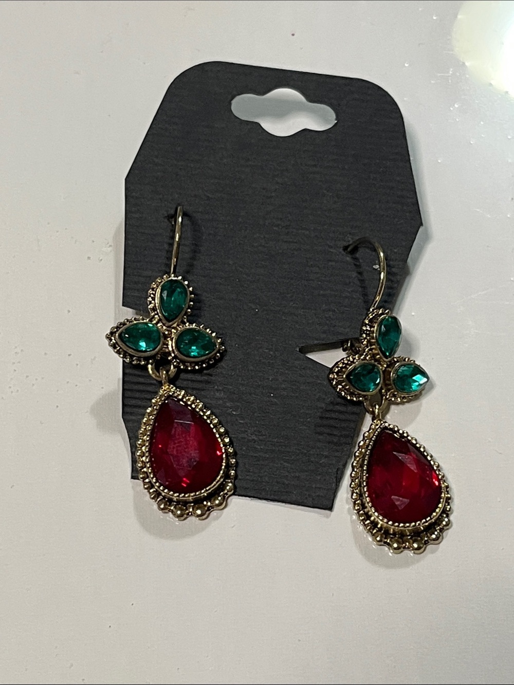 Gold-Tone Red Teardrop Earrings with Emerald Accents